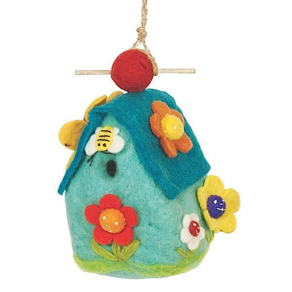 Colorful felt birdhouse with flowers and a bee on a white background