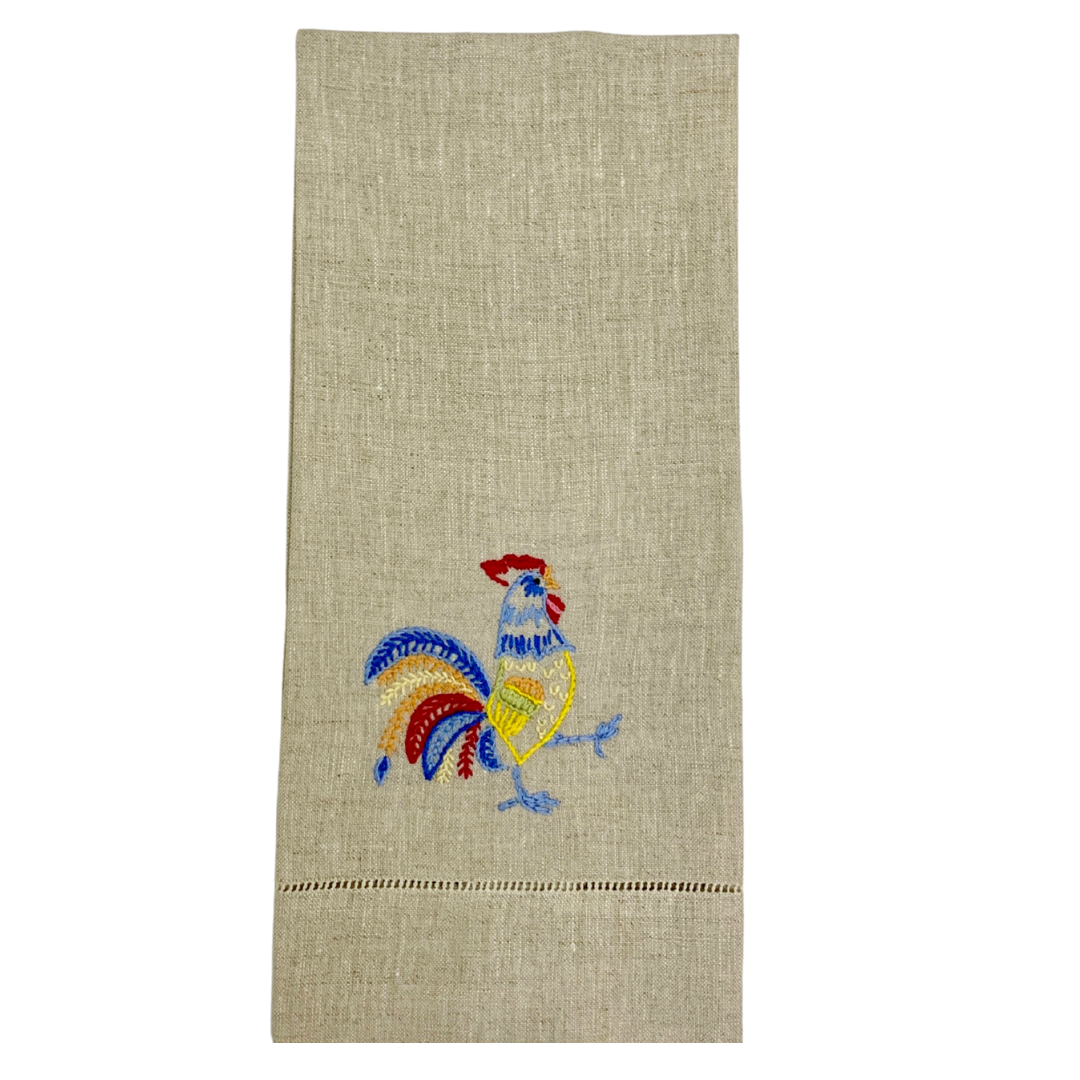 Rooster Embroidered Linen Tea Towel