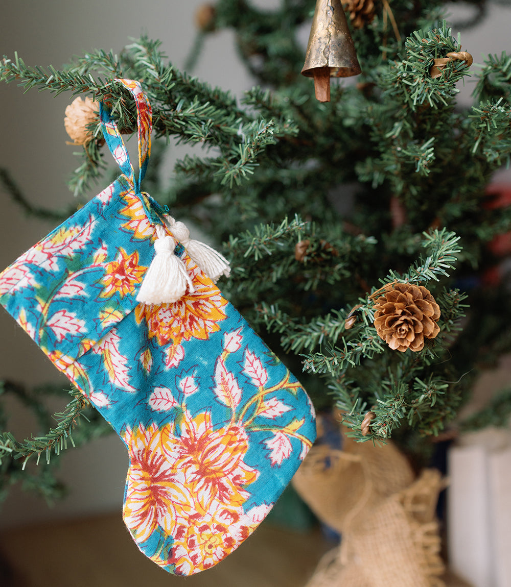 Mini Block-Printed Cotton Holiday Stocking
