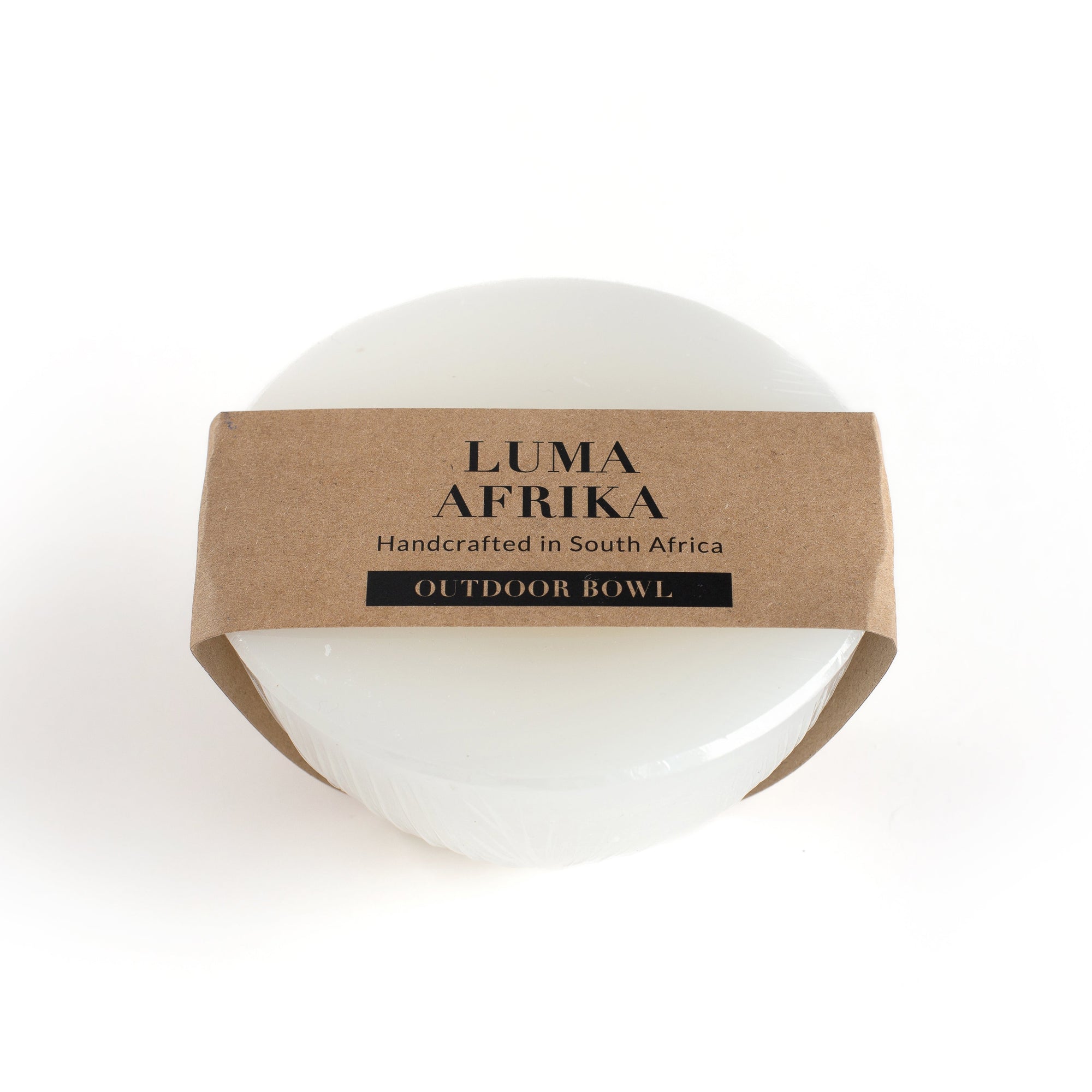 White bowl with a brown label reading 'Luma Afrika' on a white background