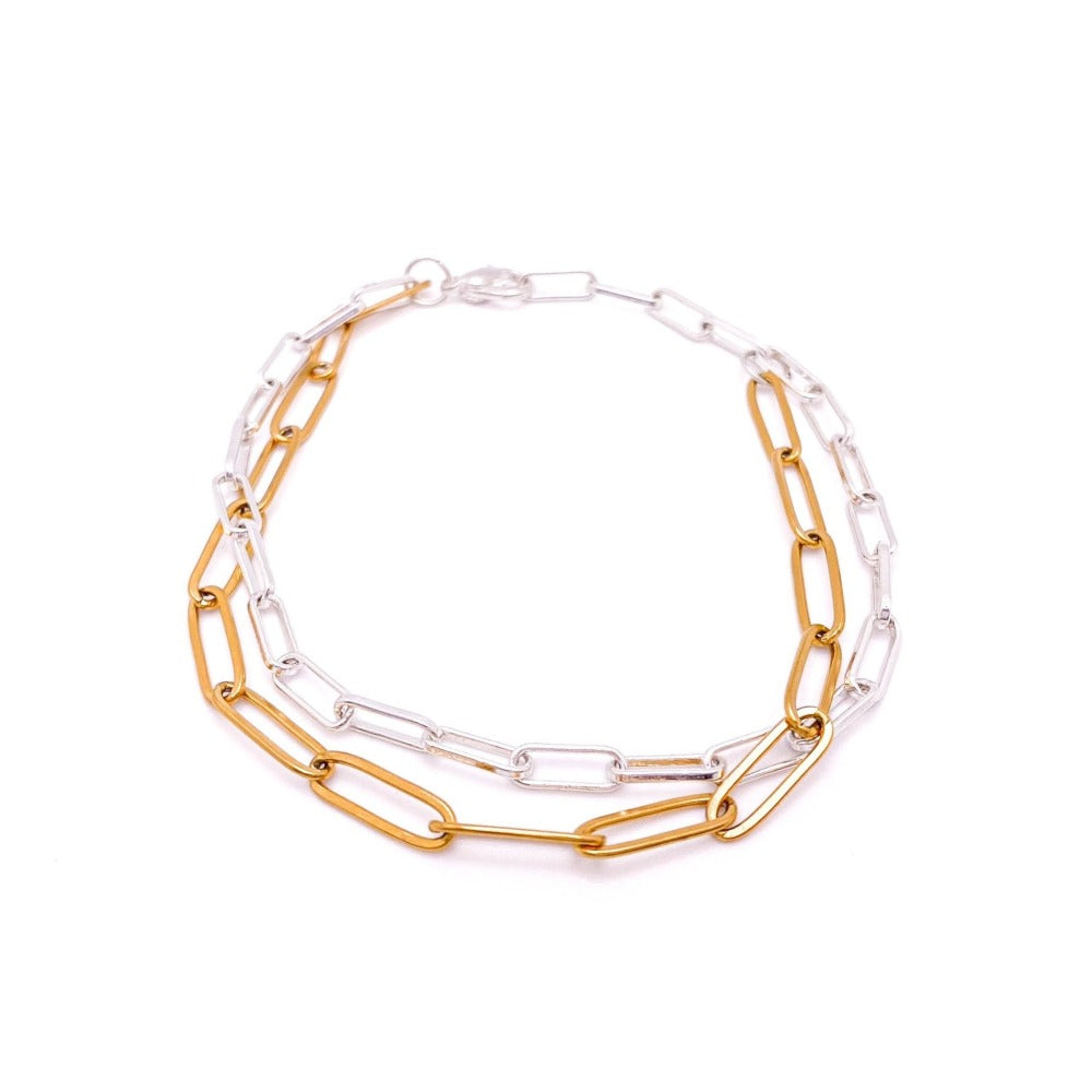 Two chain necklaces, one gold and one silver, on a white background