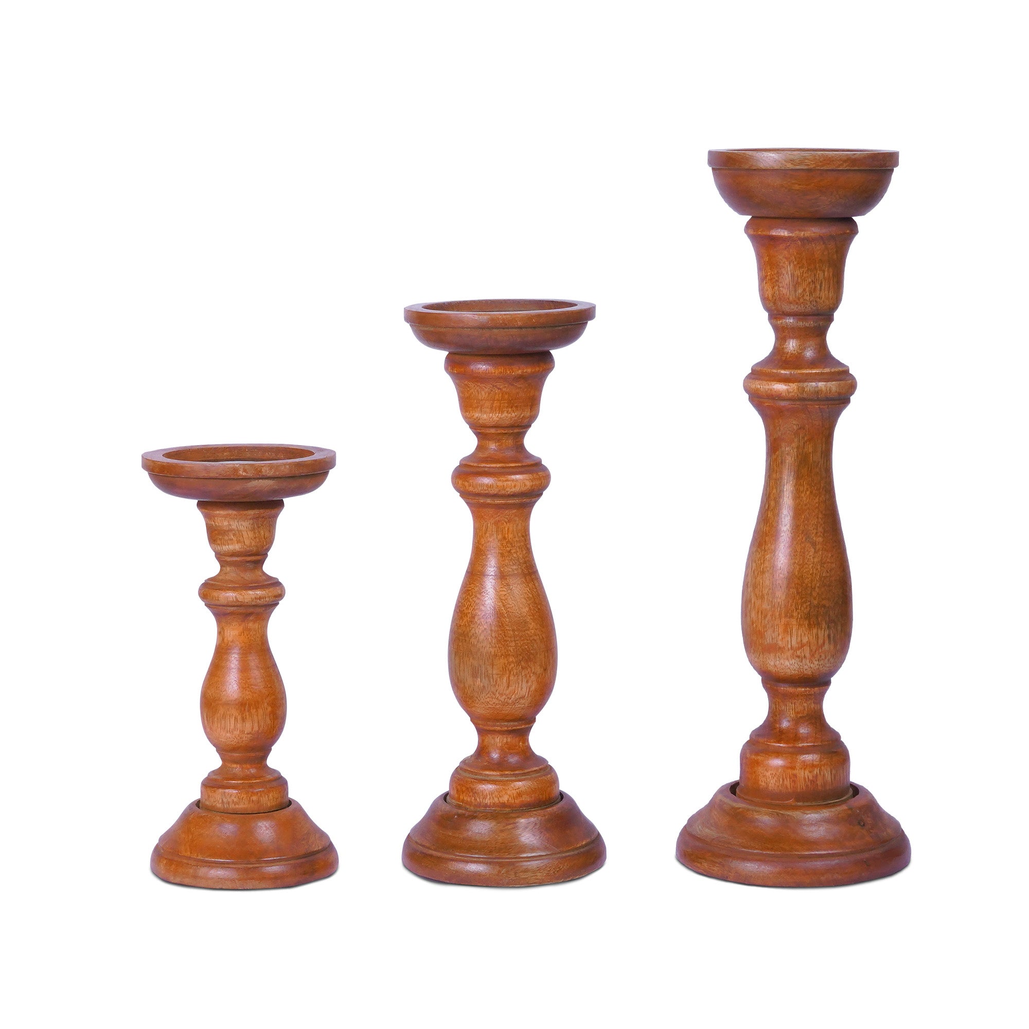 A set of three brown wooden pillar candle holders in varying sizes, designed to hold candles