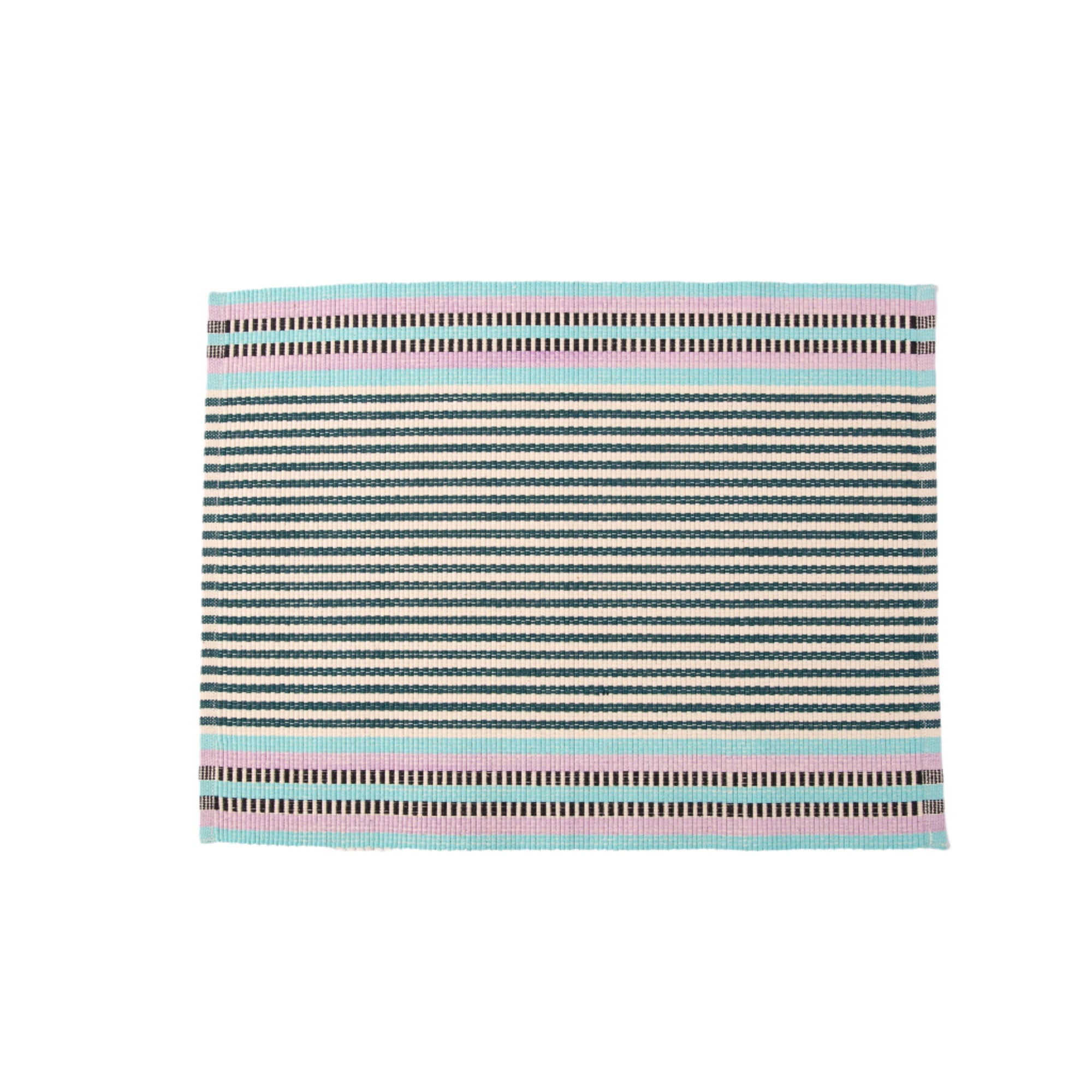 A striped placemat with blue, white, and red colors, handwoven from cotton