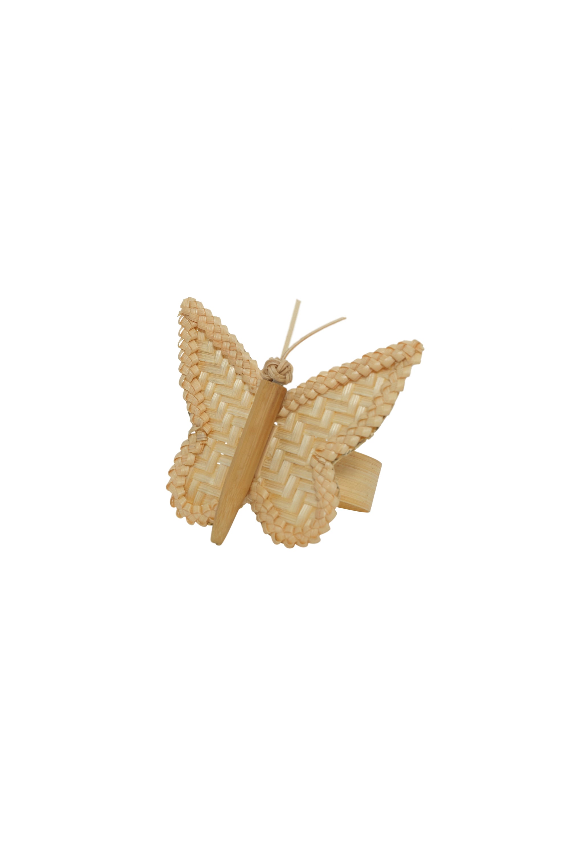 Butterfly-shaped napkin holder with woven design on a white background