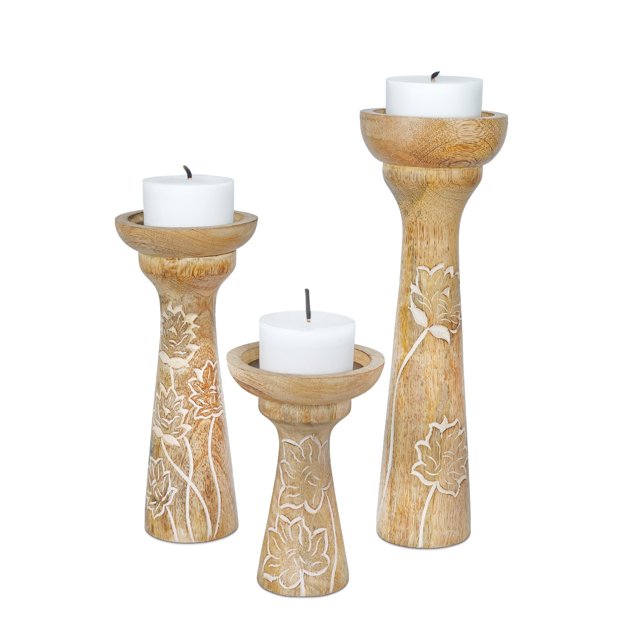 Floral Vine Mango Wood Candleholders - Set of 3