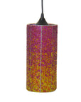 Cylindrical pendant light with a pink and yellow beaded design on a white background