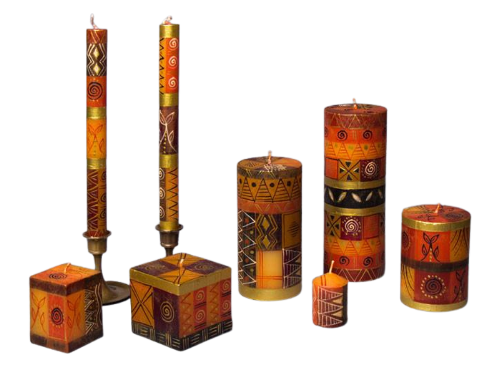 Set of decorative candles with geometric patterns on a white background