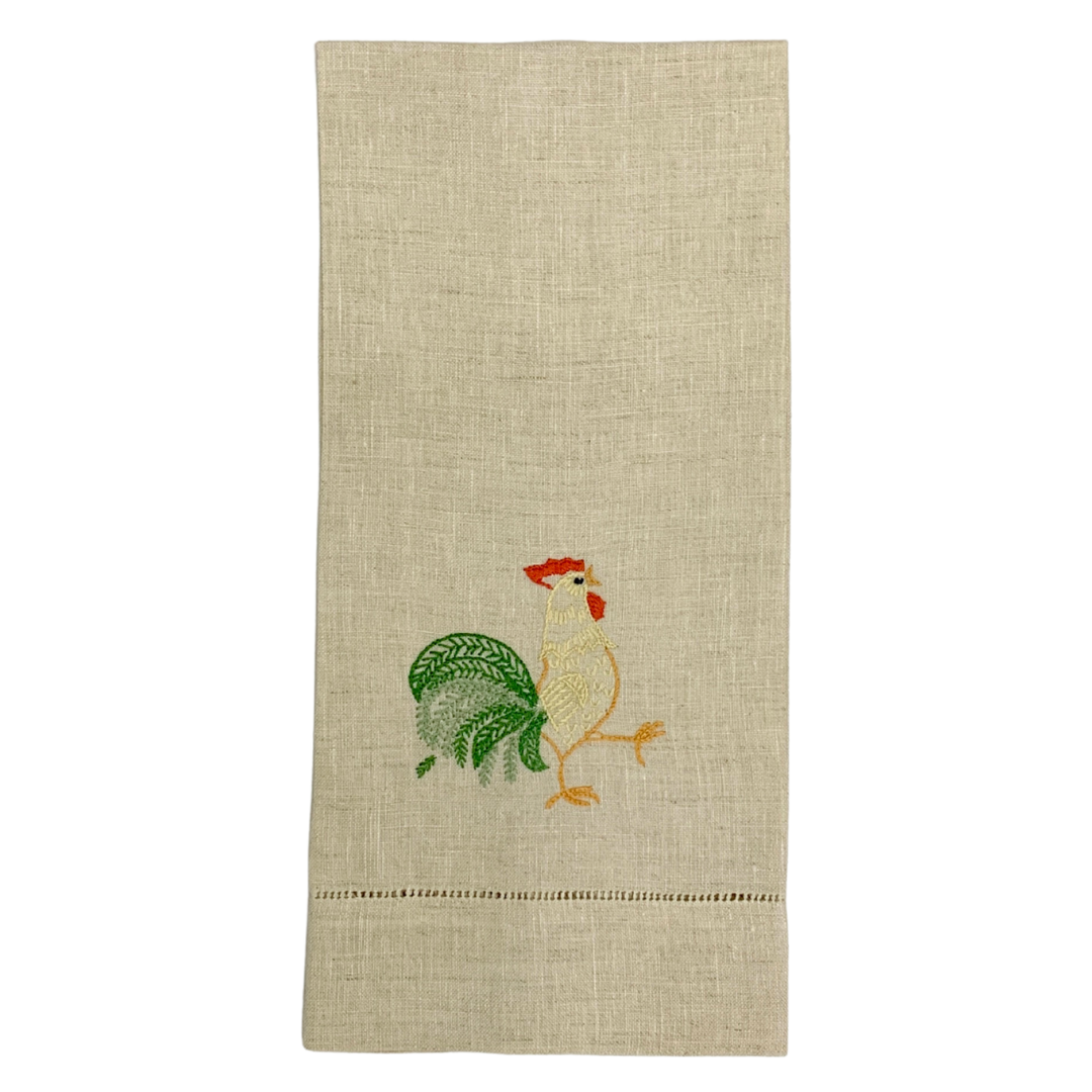 Rooster Embroidered Linen Tea Towel
