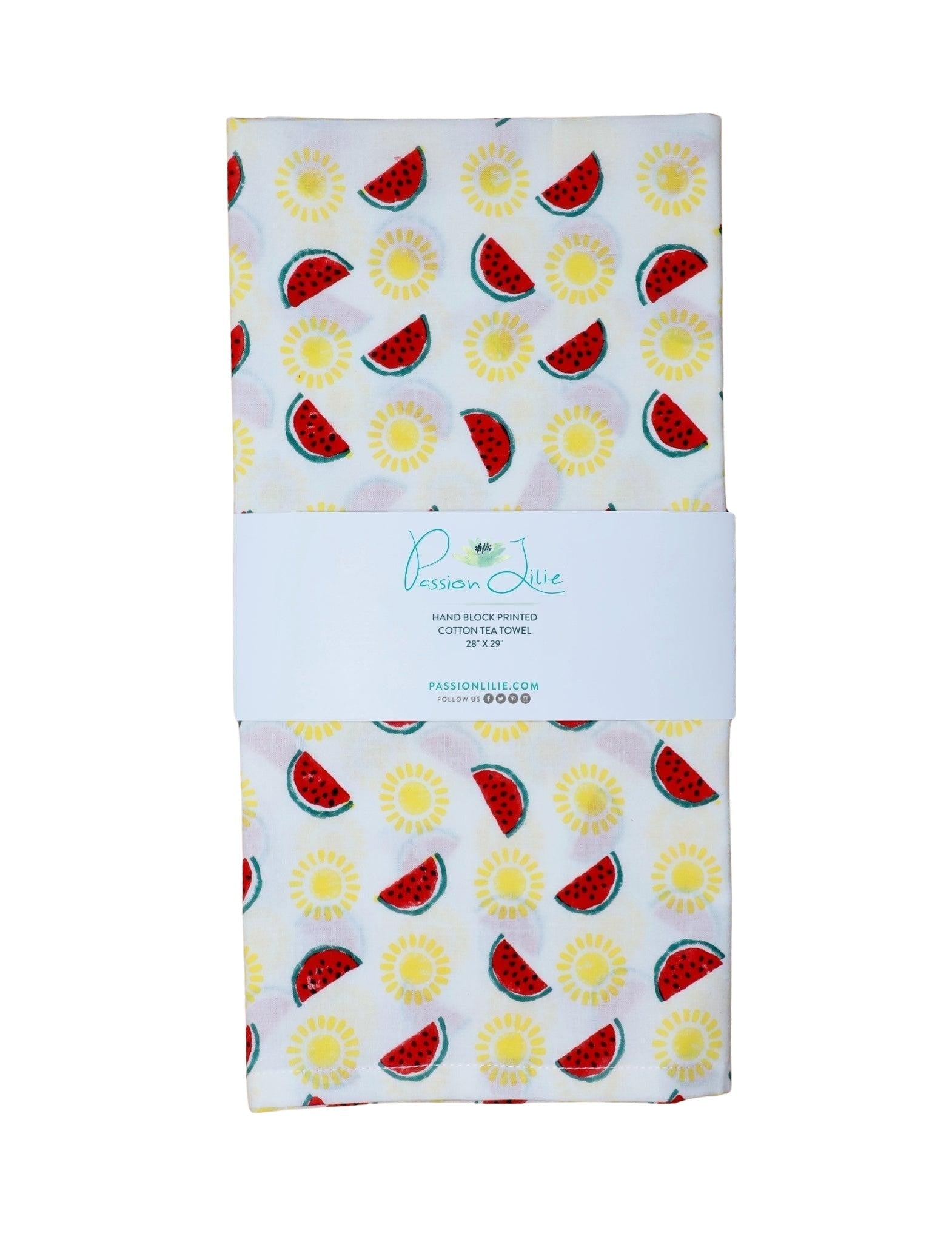 Pack of cotton tea towels with watermelon and sunflower pattern on a white background