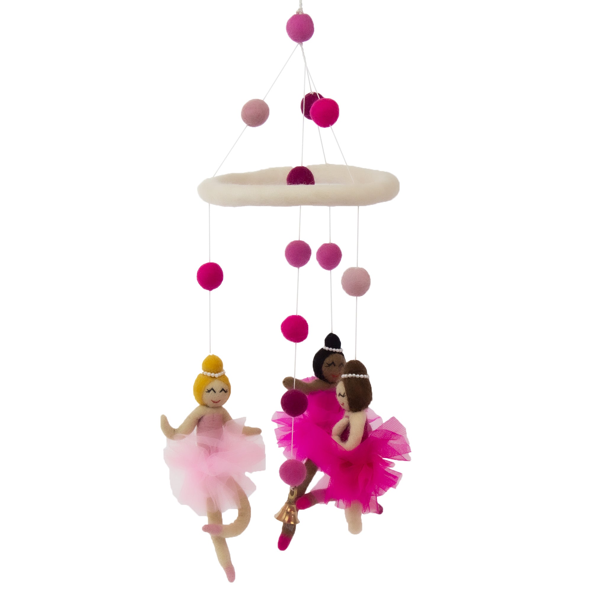 A hand-felted mobile featuring three pink and white felt ballerinas with a beige base, hanging from a chain of pink and white balls.