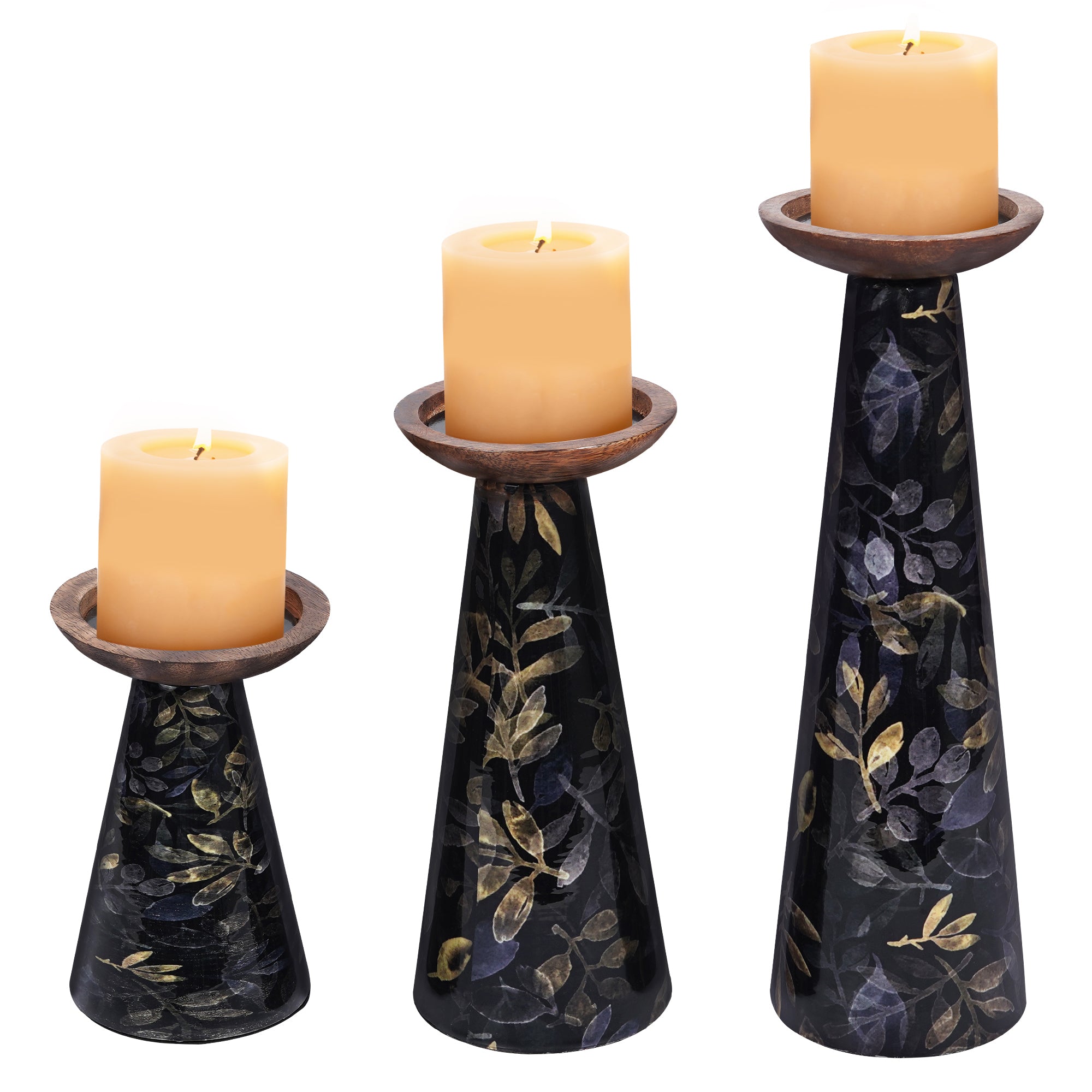 Moody Floral Mango Wood Pillar Candleholders – Set of 3