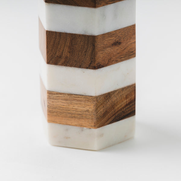 Striped Marble &amp; Acacia Candleholder