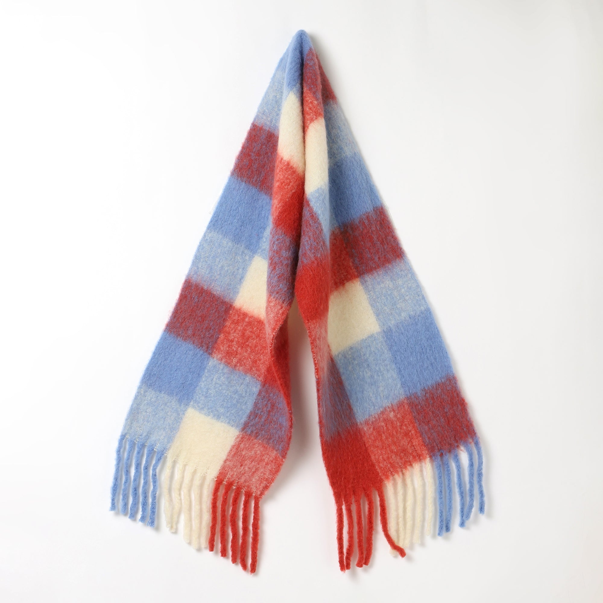 Plaid scarf with red, blue, and beige colors on a white background