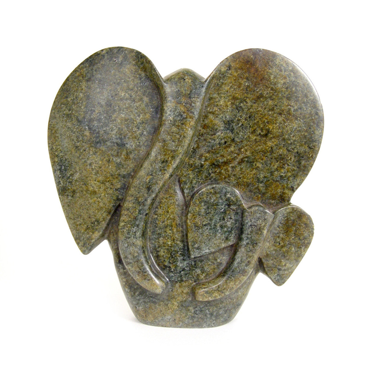 Abstract stone sculpture of an elephant parent and child duo, carved from serpentine with varying colors including black, brown, and green.