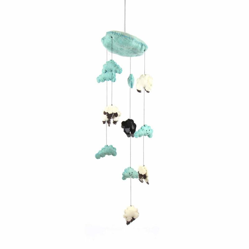 Decorative mobile with cloud and animal shapes on a white background