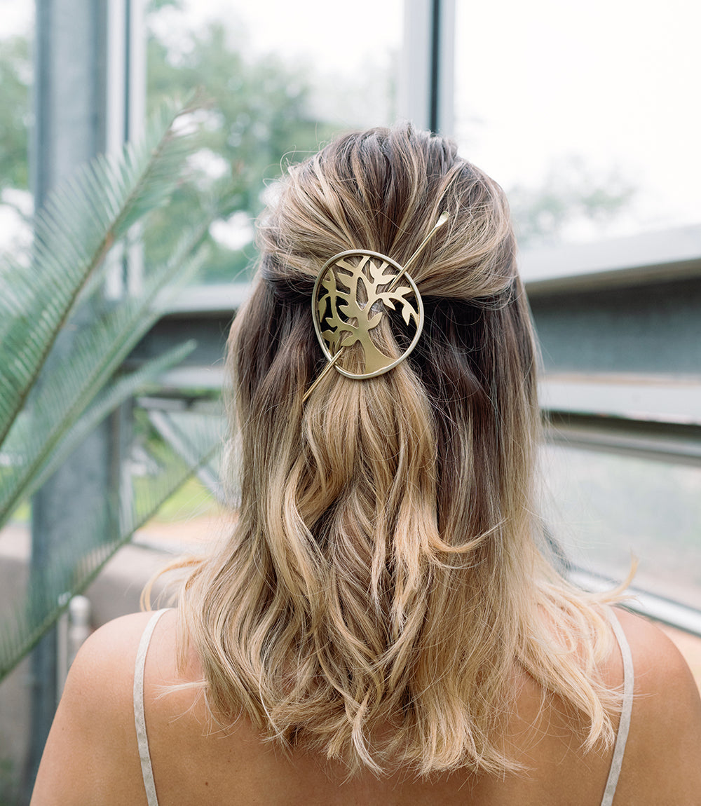 Aranyani Tree of Life Two-Tone Brass Hair Pin Slide with Stick