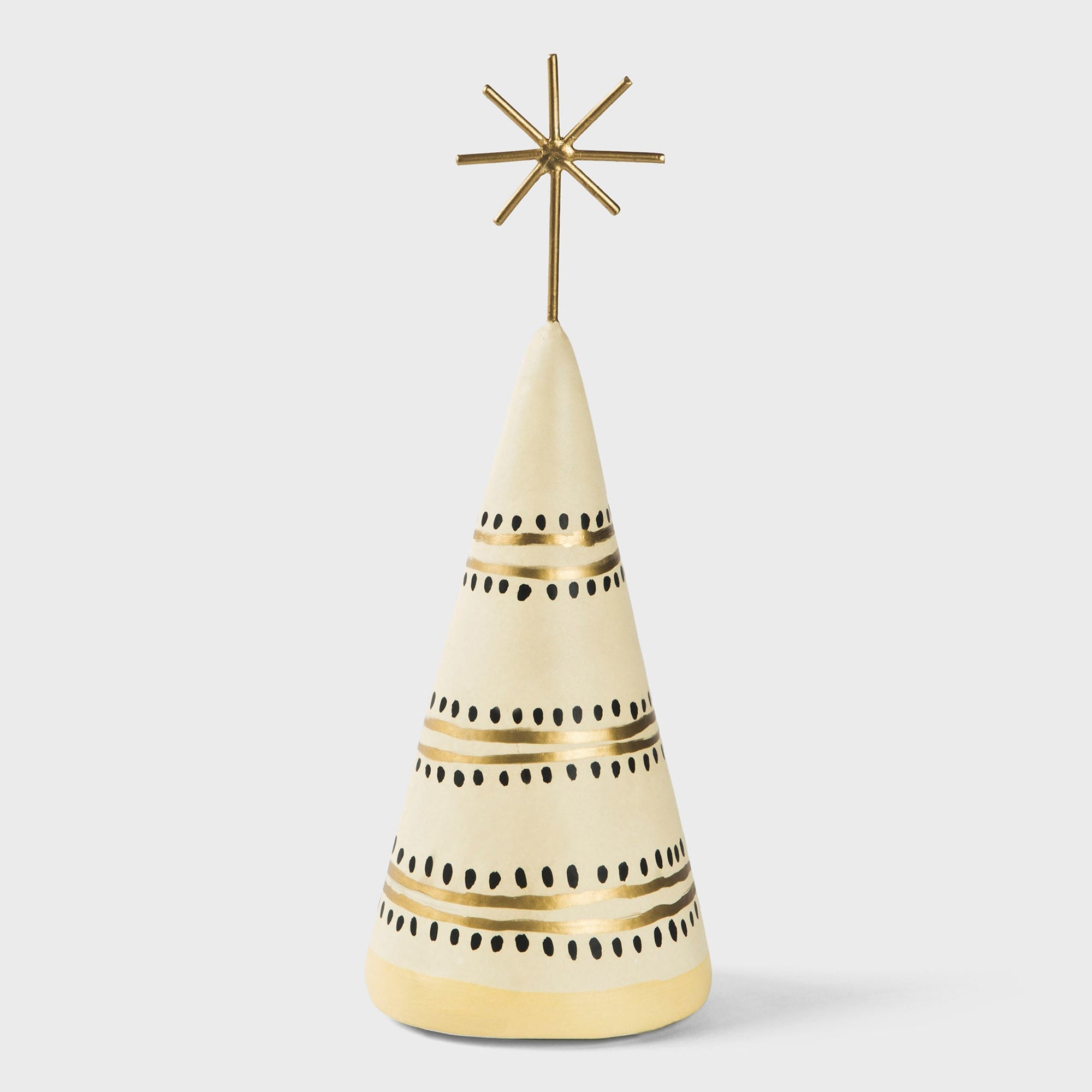 Decorative Christmas tree figurine with gold star on top displayed against a white background