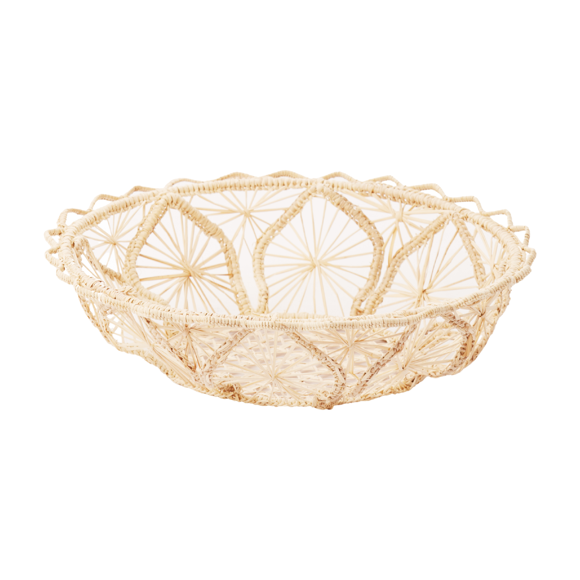 Woven bread basket with decorative pattern on a white background