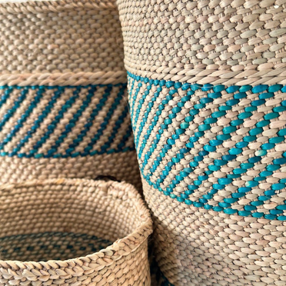 Iringa Woven Basket - Turquoise Stripe