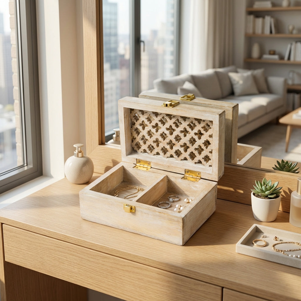 Mango Wood Trellis Keepsake Box with Compartments