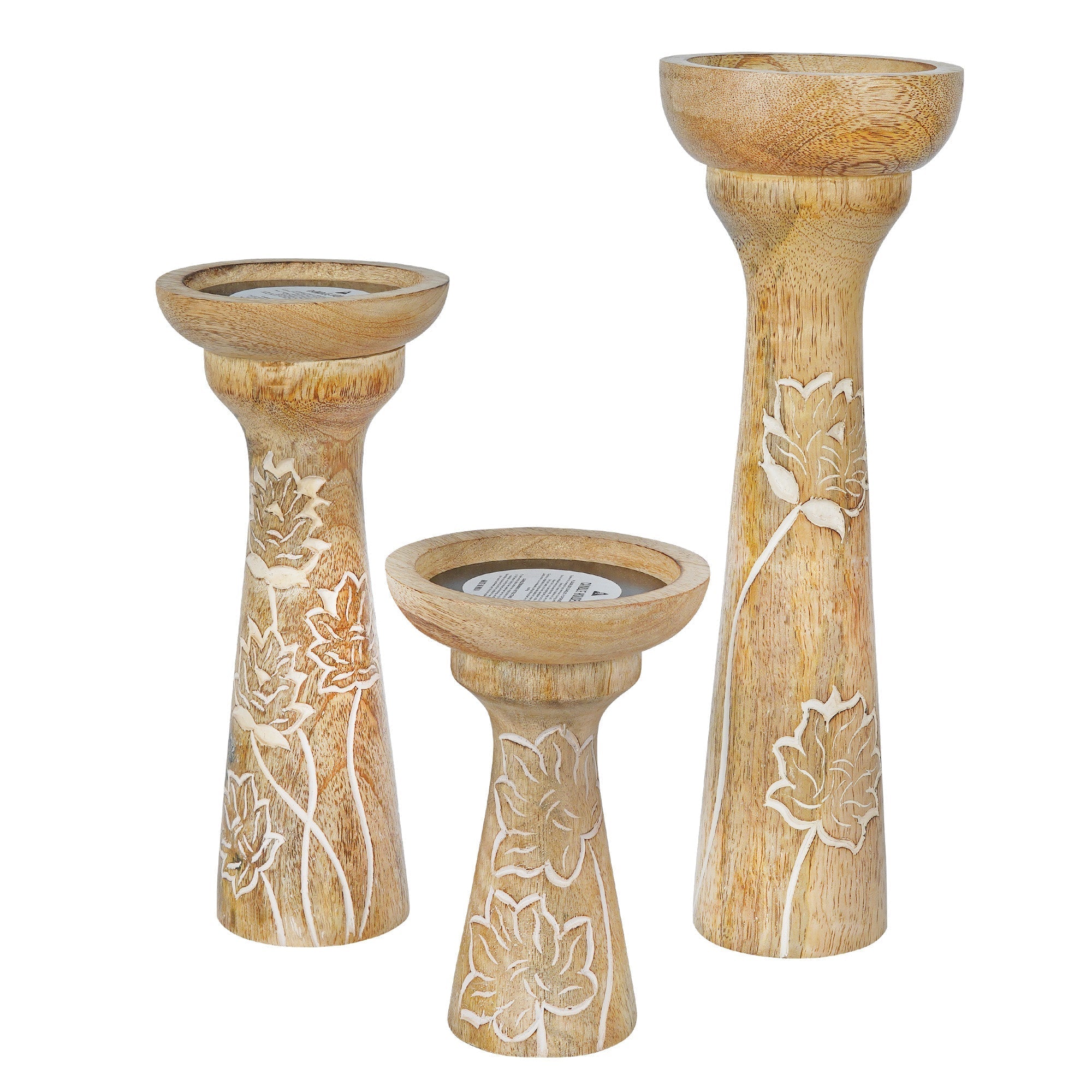 Floral Vine Mango Wood Candleholders - Set of 3
