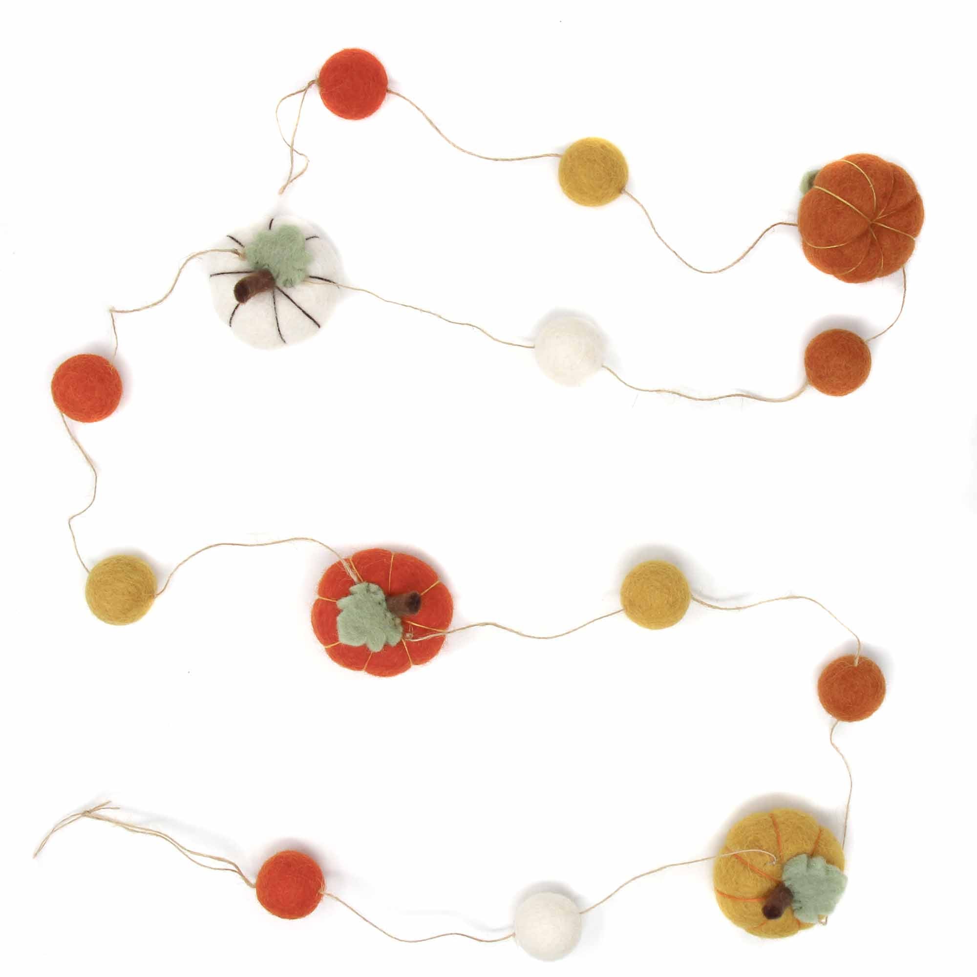 Decorative string with felt pumpkins, flowers, and spider on a white background