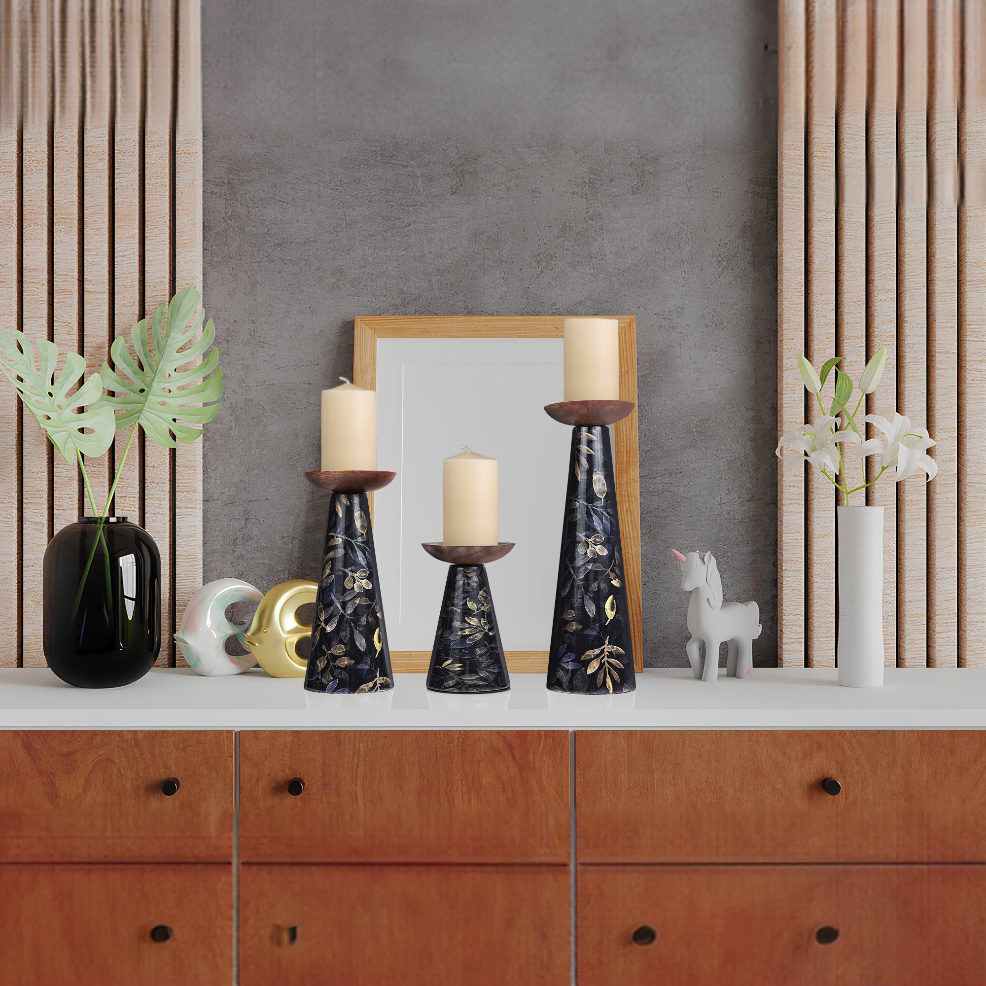 Moody Floral Mango Wood Pillar Candleholders – Set of 3