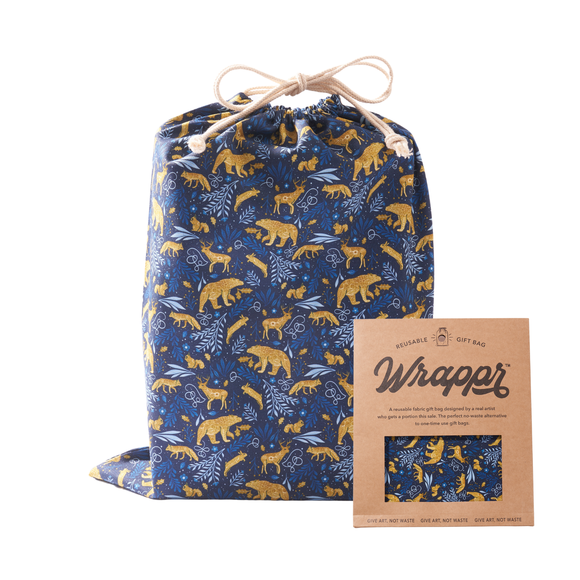 Blue drawstring gift bag with animal pattern and matching packaging on a white background
