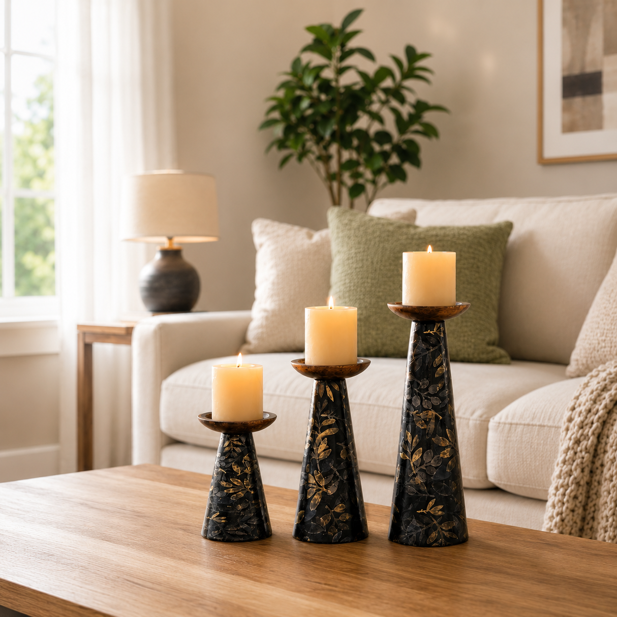 Moody Floral Mango Wood Pillar Candleholders – Set of 3