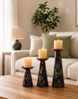 Moody Floral Mango Wood Pillar Candleholders – Set of 3