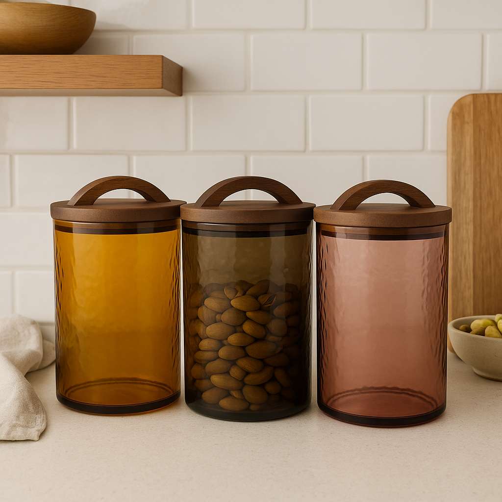Three glass canisters with wooden lids on a kitchen counter.