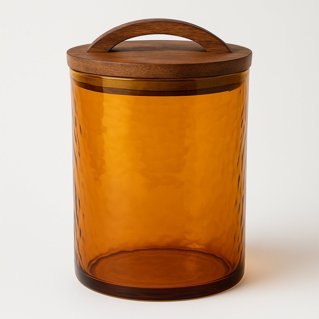 Amber glass jar with a wooden lid on a white background