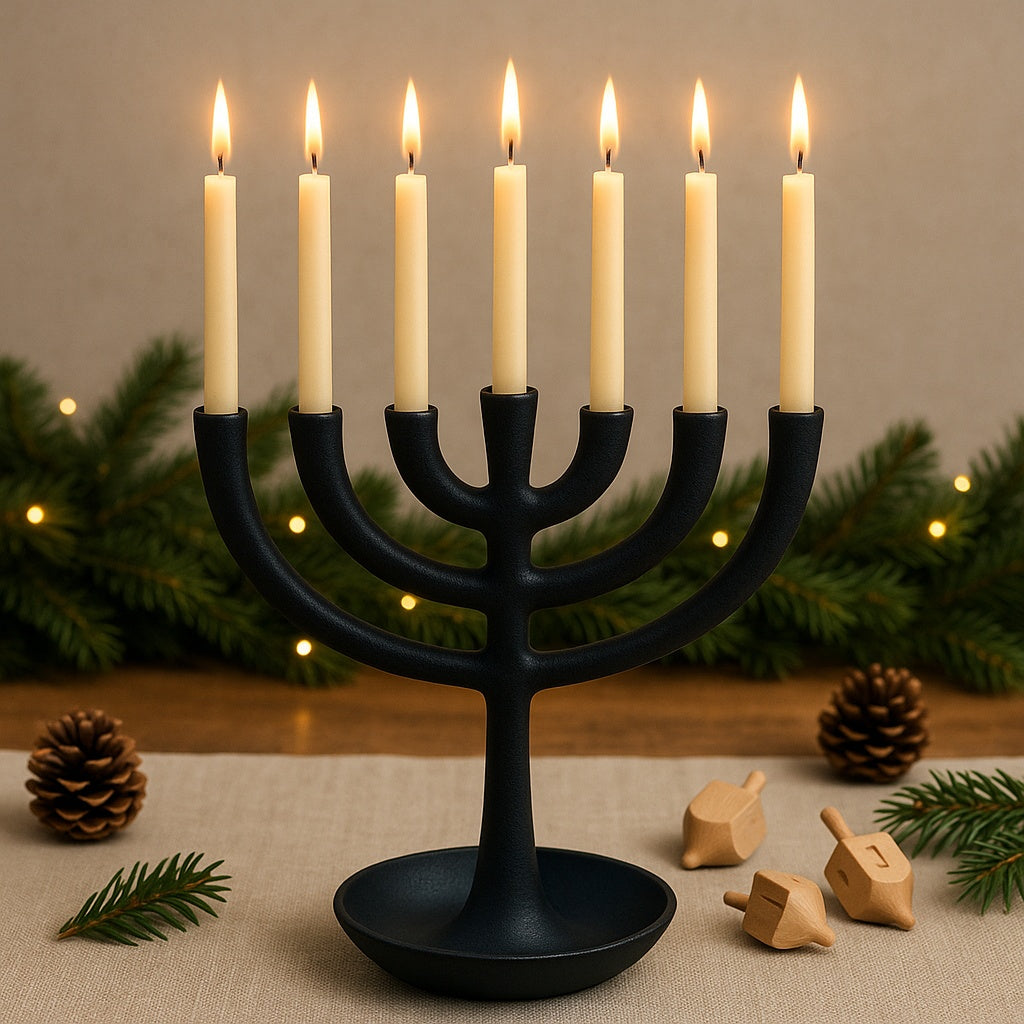 Black menorah with lit candles on a table with Christmas decorations