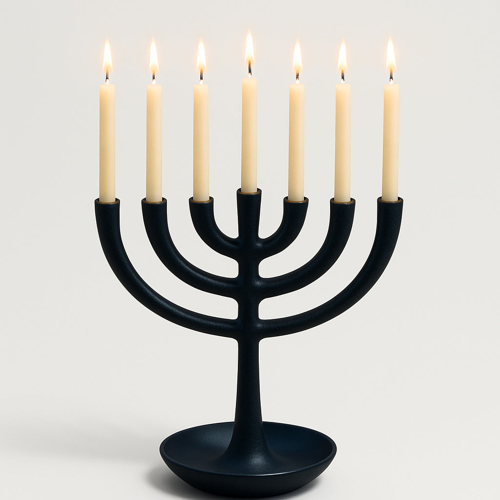 Black menorah with six lit candles on a light gray background