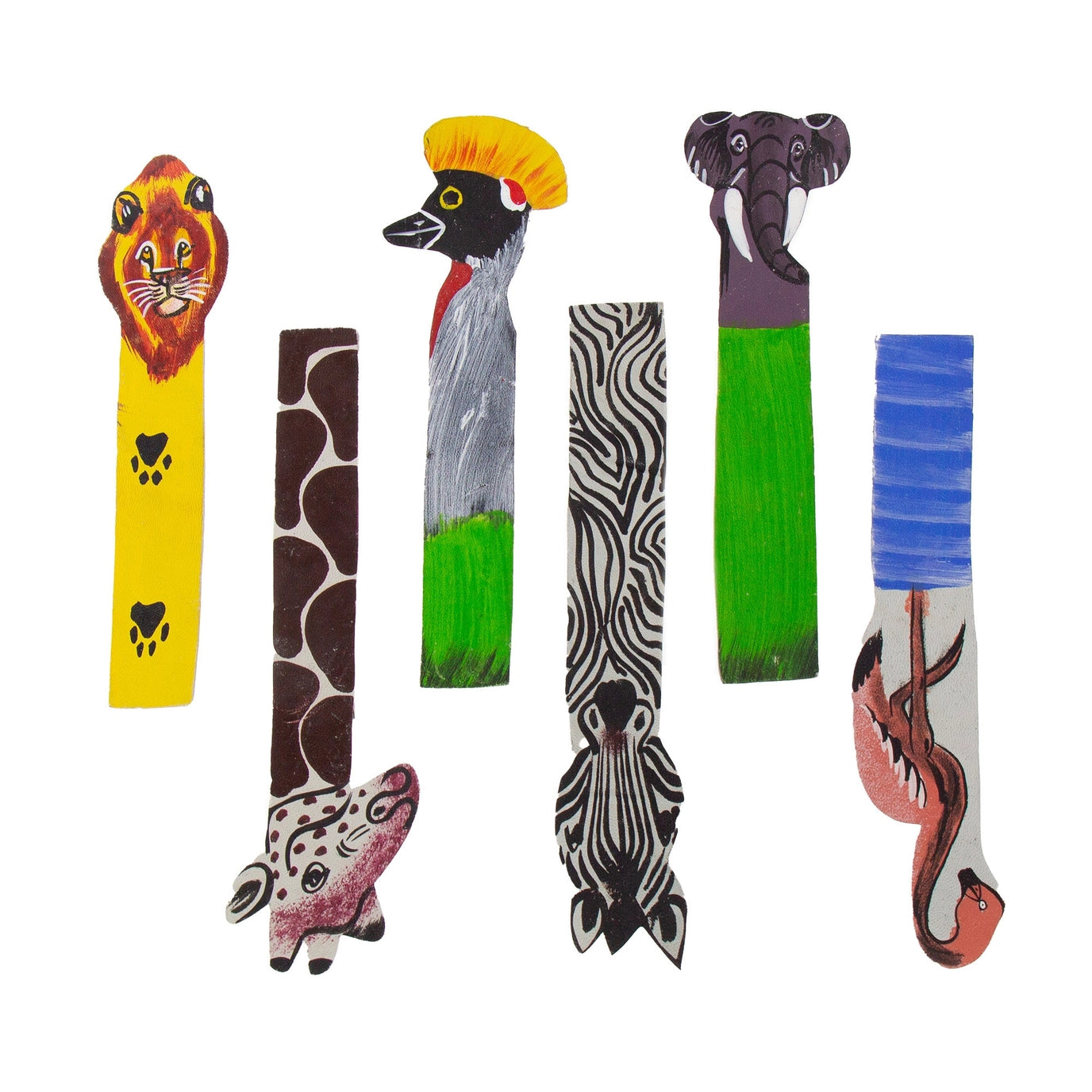 Six colorful painted wooden animal bookmarks shaped like a lion, giraffe, bird, elephant, zebra, and snake, displayed against a plain white background.