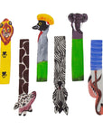 Six colorful painted wooden animal bookmarks shaped like a lion, giraffe, bird, elephant, zebra, and snake, displayed against a plain white background.