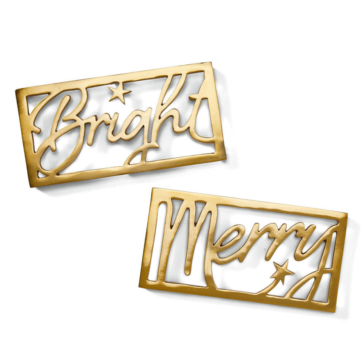 Gold decorative trivets with 'Bright' and 'Merry' text on a white background