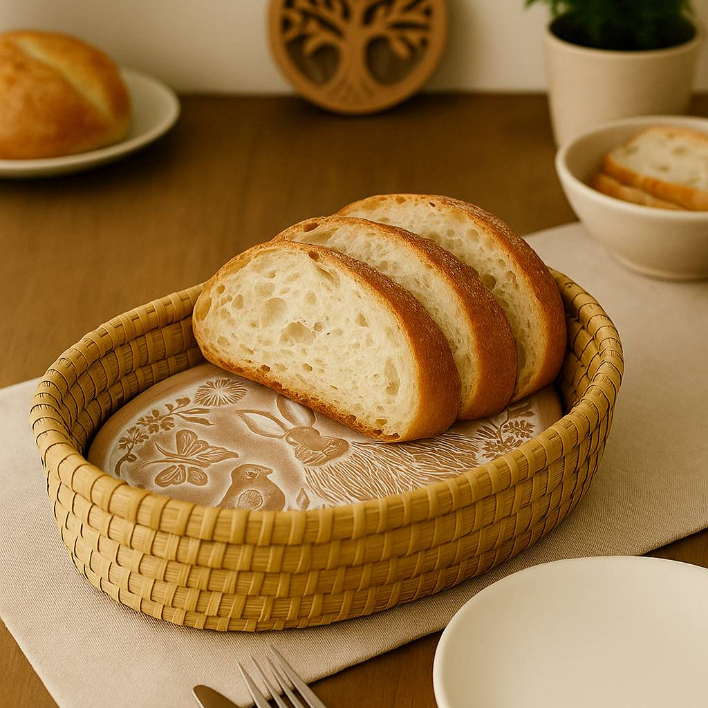 Sliced bread in a woven basket on a wooden table with a knife and fork.