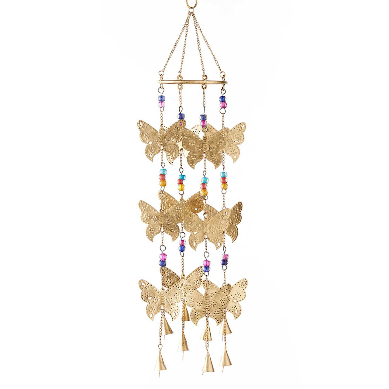 Decorative hanging chime with gold butterfly shapes and colorful beads on a white background