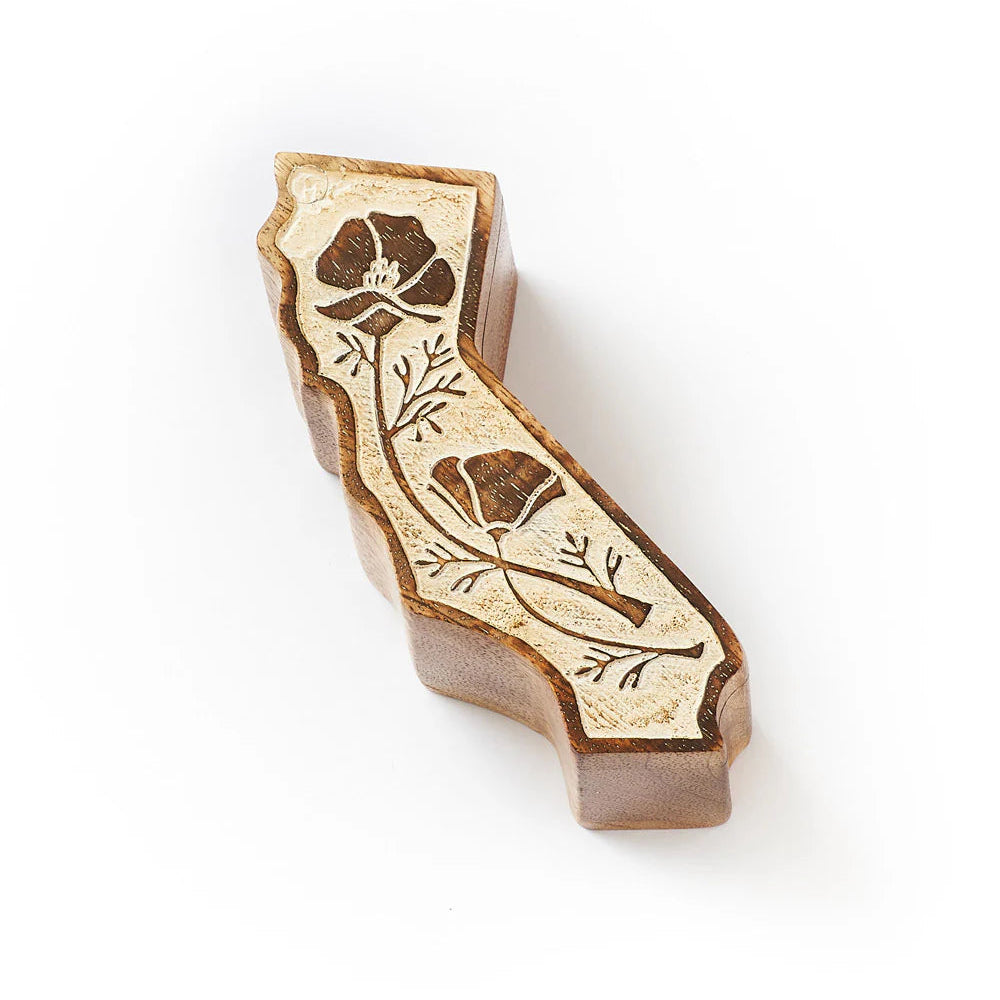 Wooden California keepsake box with floral poppy design on a white background