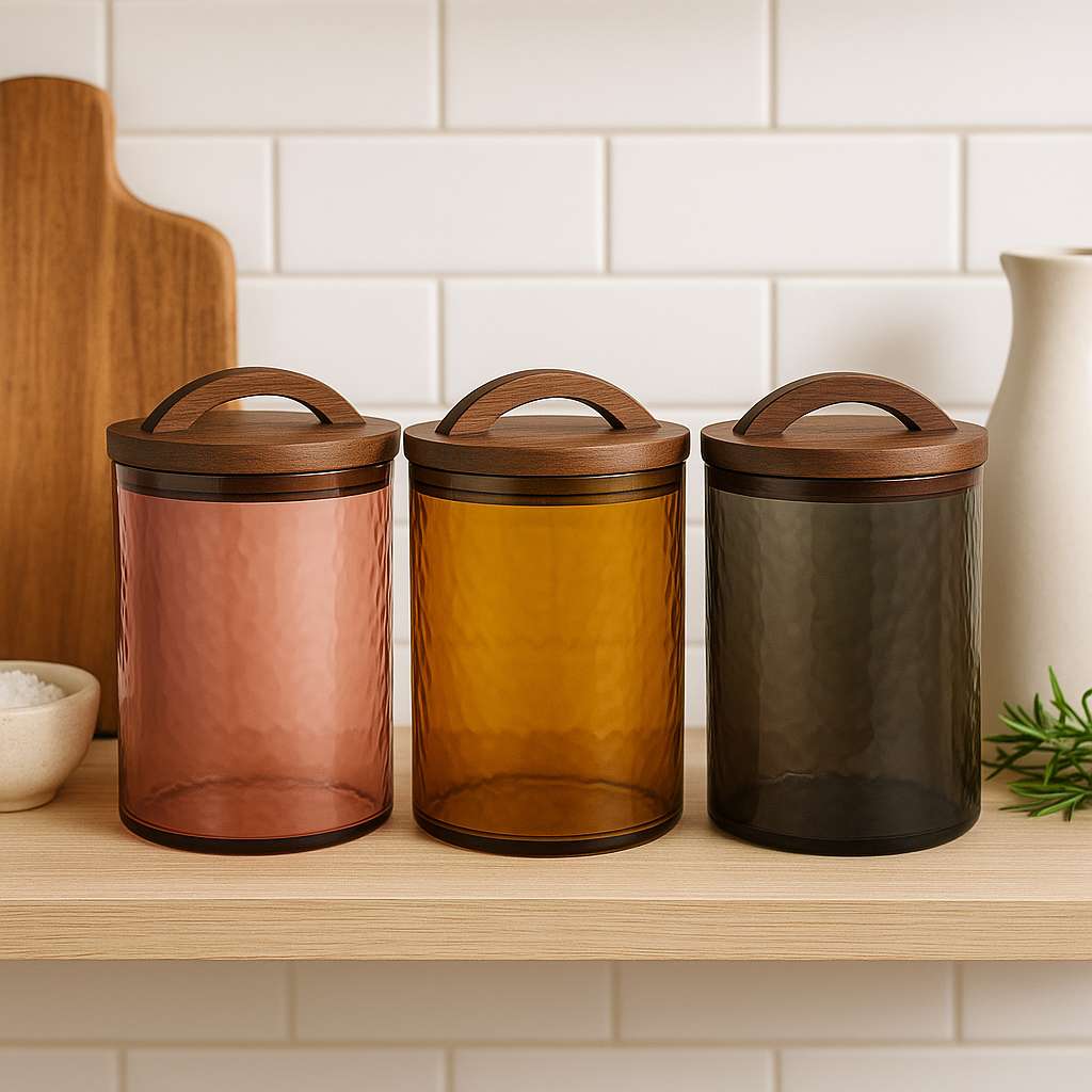 Three glass canisters with wooden lids on a kitchen shelf.