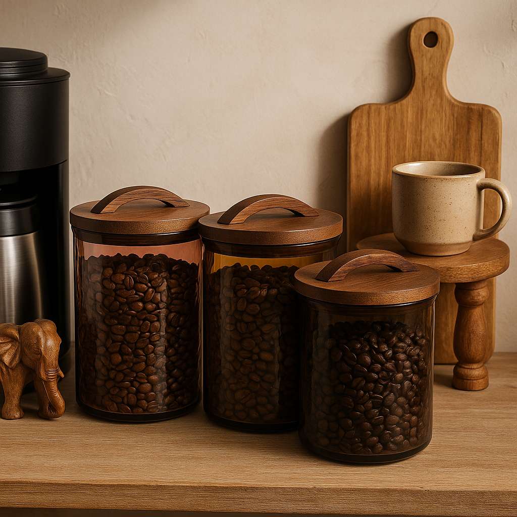 Wooden canisters with coffee beans on a wooden surface with a coffee maker and mug in the background.
