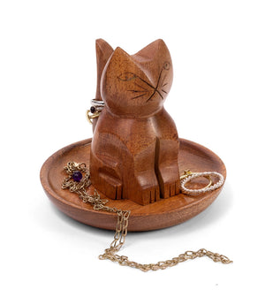 A carved wooden cat-shaped jewelry organizer and tray, shown on a white background with gold-toned jewelry displayed on top.