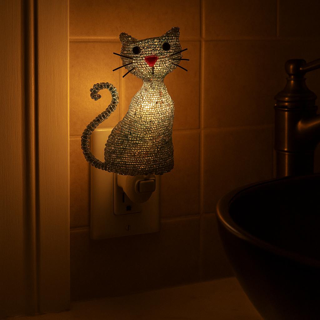 Cat-shaped night light on a wall switch in a bathroom