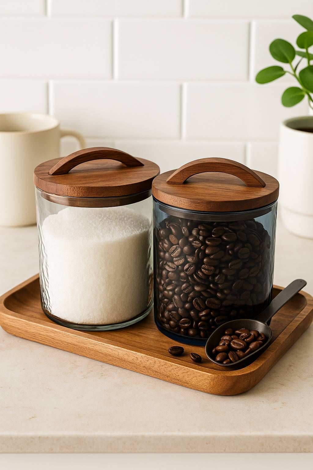Glass jars with wooden lids containing sugar and coffee beans on a wooden tray.