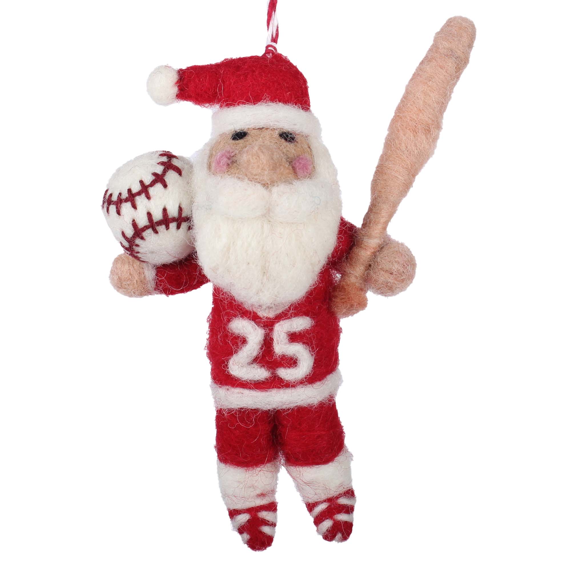 Santa Claus felt ornament holding a baseball and bat on a white background