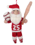 Santa Claus felt ornament holding a baseball and bat on a white background