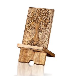 Handcarved Wooden Phone Stand with Dali Tree Design