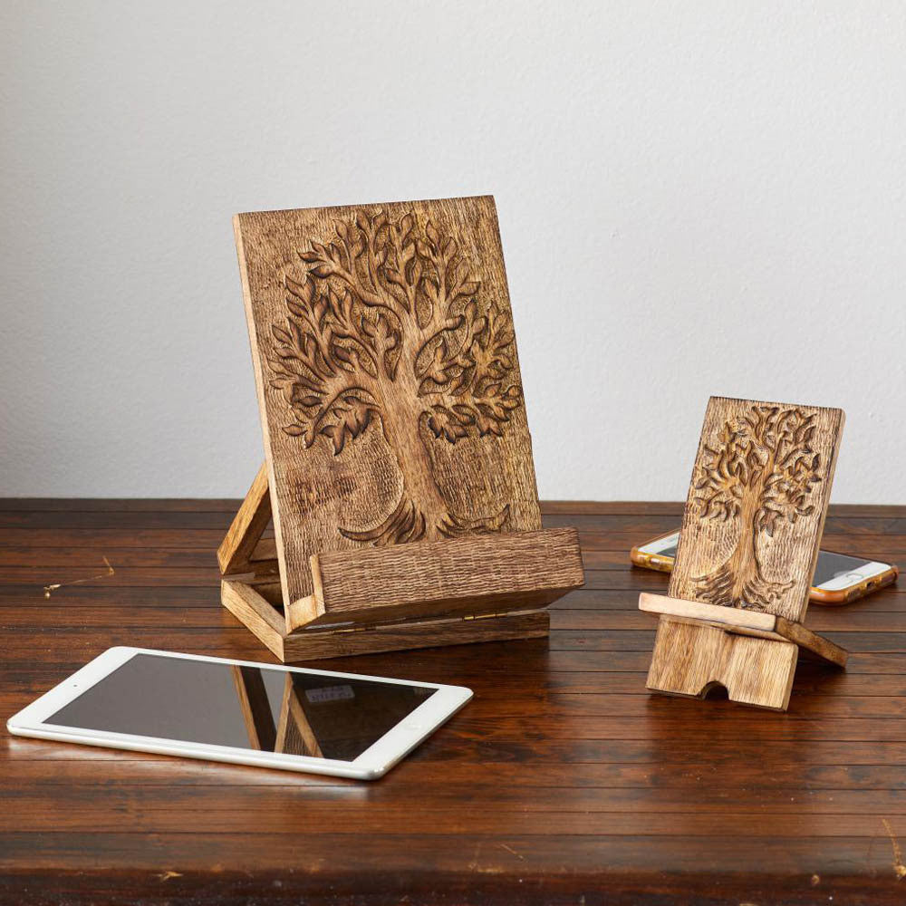Handcarved Wooden Phone Stand with Dali Tree Design