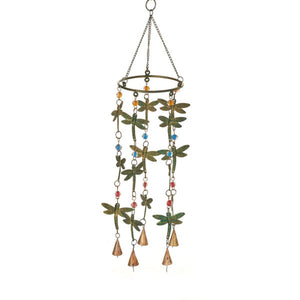 Hanging circular wind chime with dragonflies and golden bells at the bottom